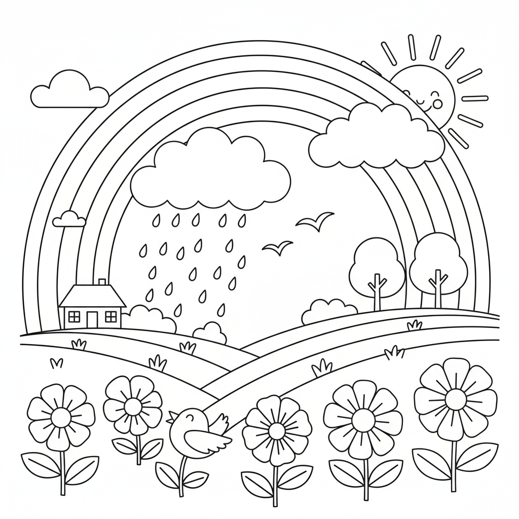 Un magnifique arc-en-ciel après une averse d'été - Coloriage gratuit à imprimer
