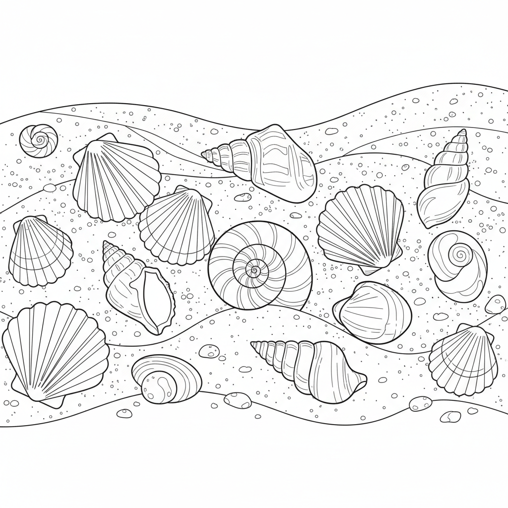 Seashells Scattered On Sandy Beach - Free Printable Coloring Page Seashells Scattered On Sandy Beach - Free Printable Coloring Page