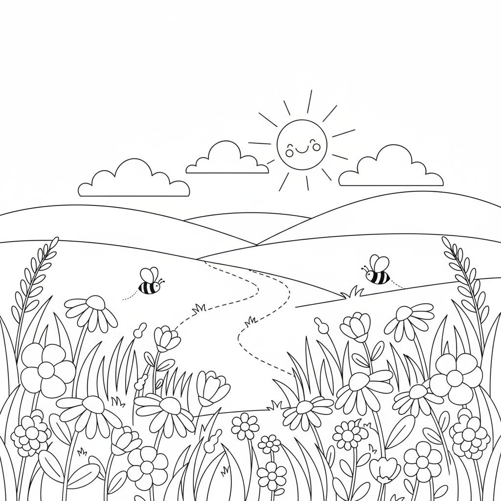Summer meadow with wildflowers peaceful - Free Printable Coloring Page