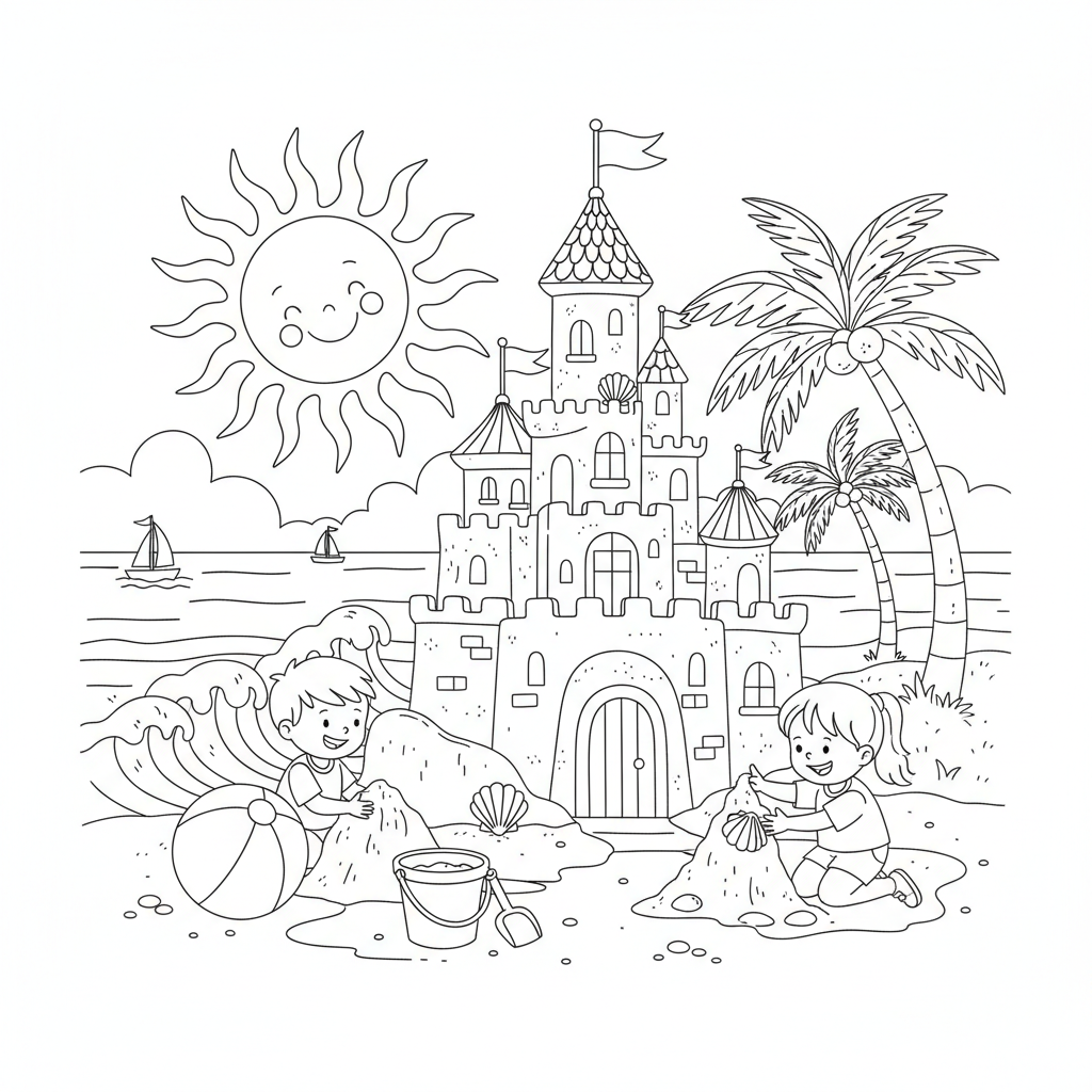 Sunny Beach Day With Sandcastle - Free Printable Coloring Page Sunny Beach Day With Sandcastle - Free Printable Coloring Page