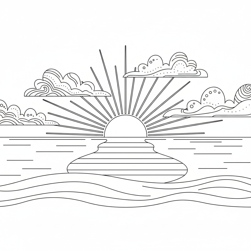Sunset Over Calm Ocean Horizon - Free Printable Coloring Page Sunset Over Calm Ocean Horizon - Free Printable Coloring Page