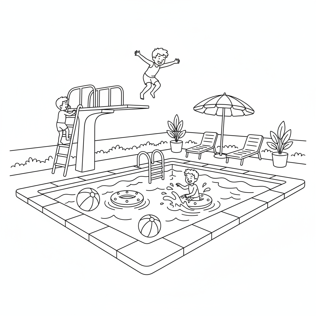 Swimming pool with diving board fun - Free Printable Coloring Page Swimming pool with diving board fun - Free Printable Coloring Page