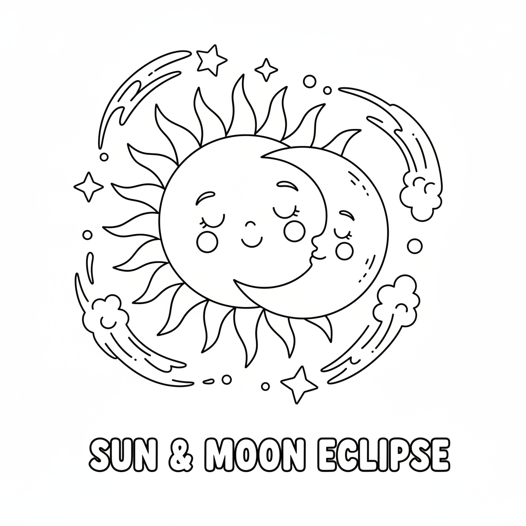 Sun and moon meeting during eclipse celestial event - Free Printable Coloring Page