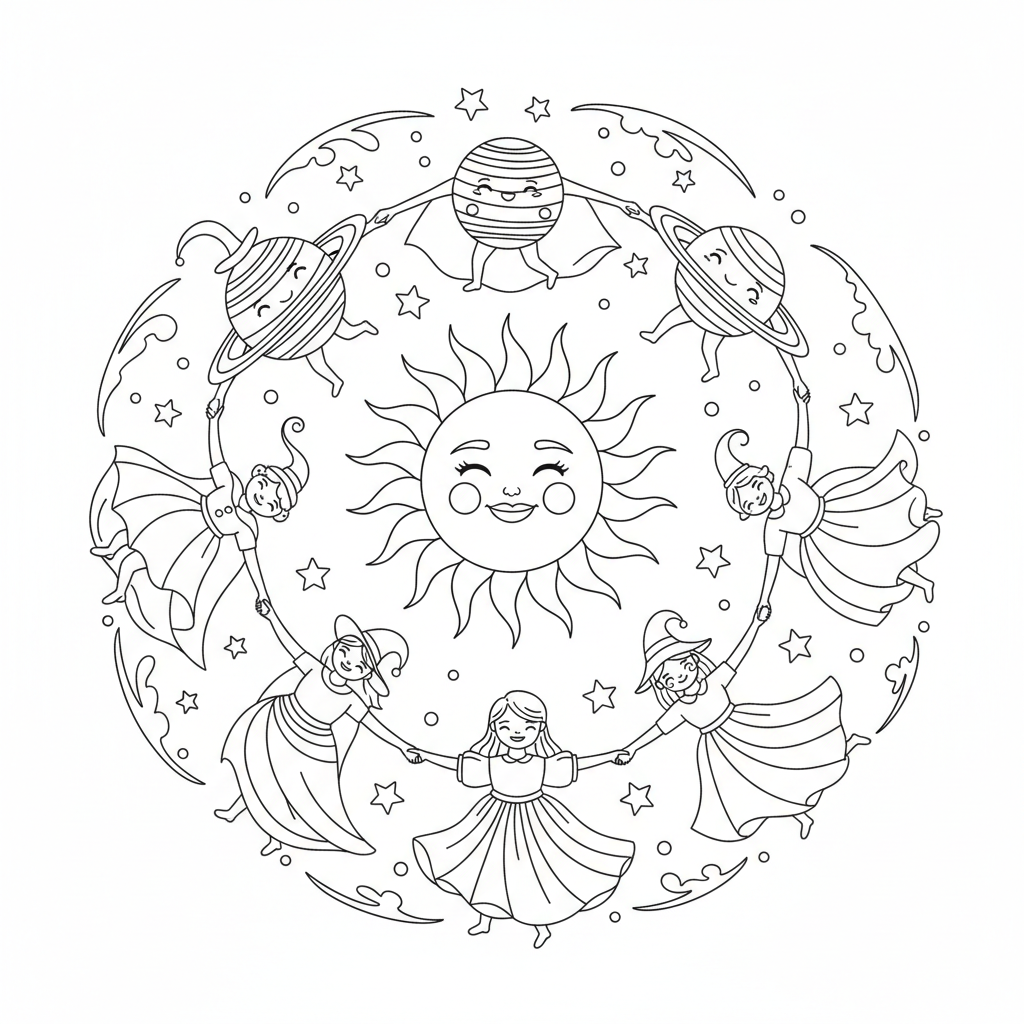 Sun And Planets Dancing - Free Printable Coloring Page Sun And Planets Dancing - Free Printable Coloring Page