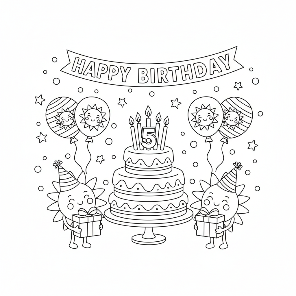 Sun birthday celebration golden cake candles party - Free Printable Coloring Page