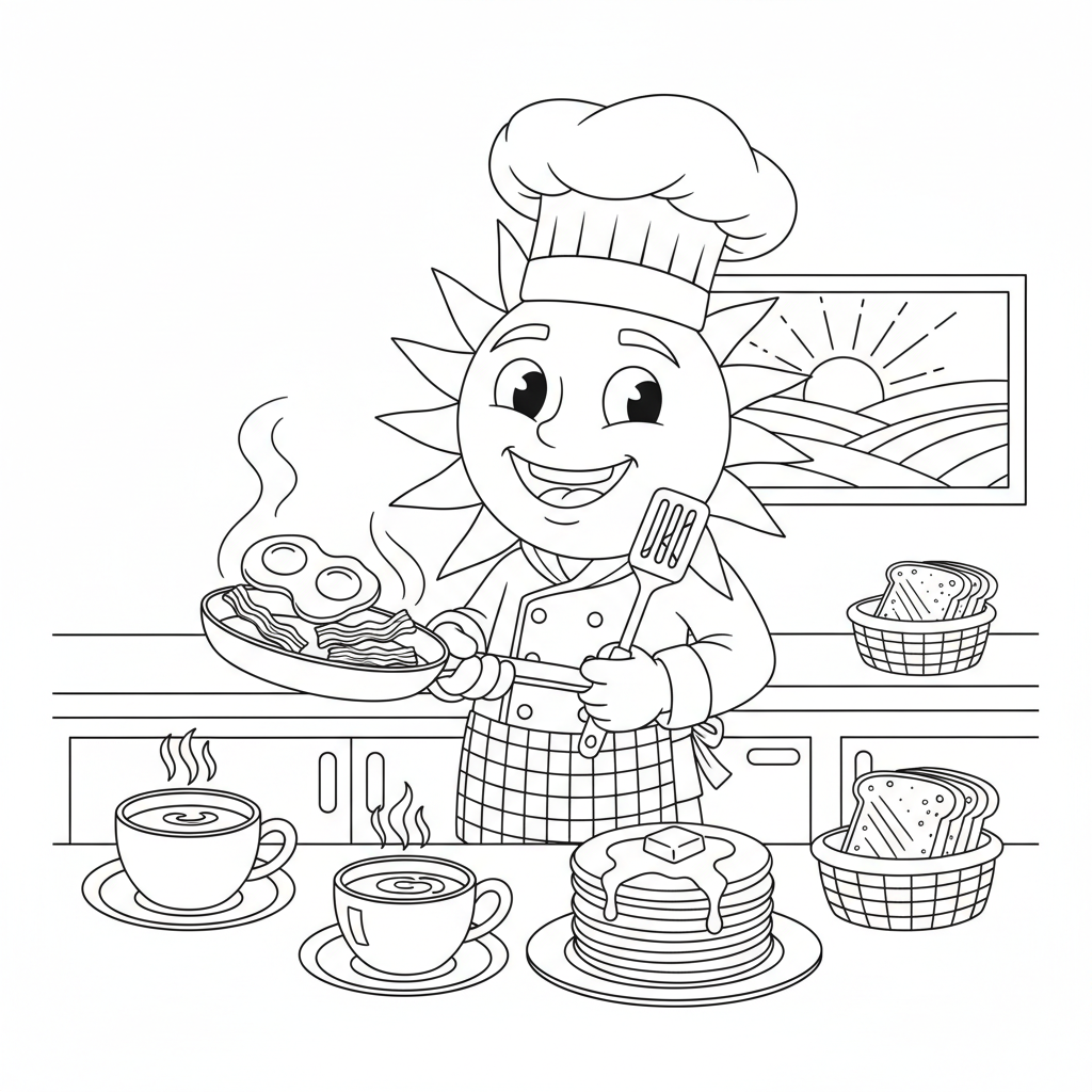 Sun Chef Cooking Breakfast - Free Printable Coloring Page Sun Chef Cooking Breakfast - Free Printable Coloring Page