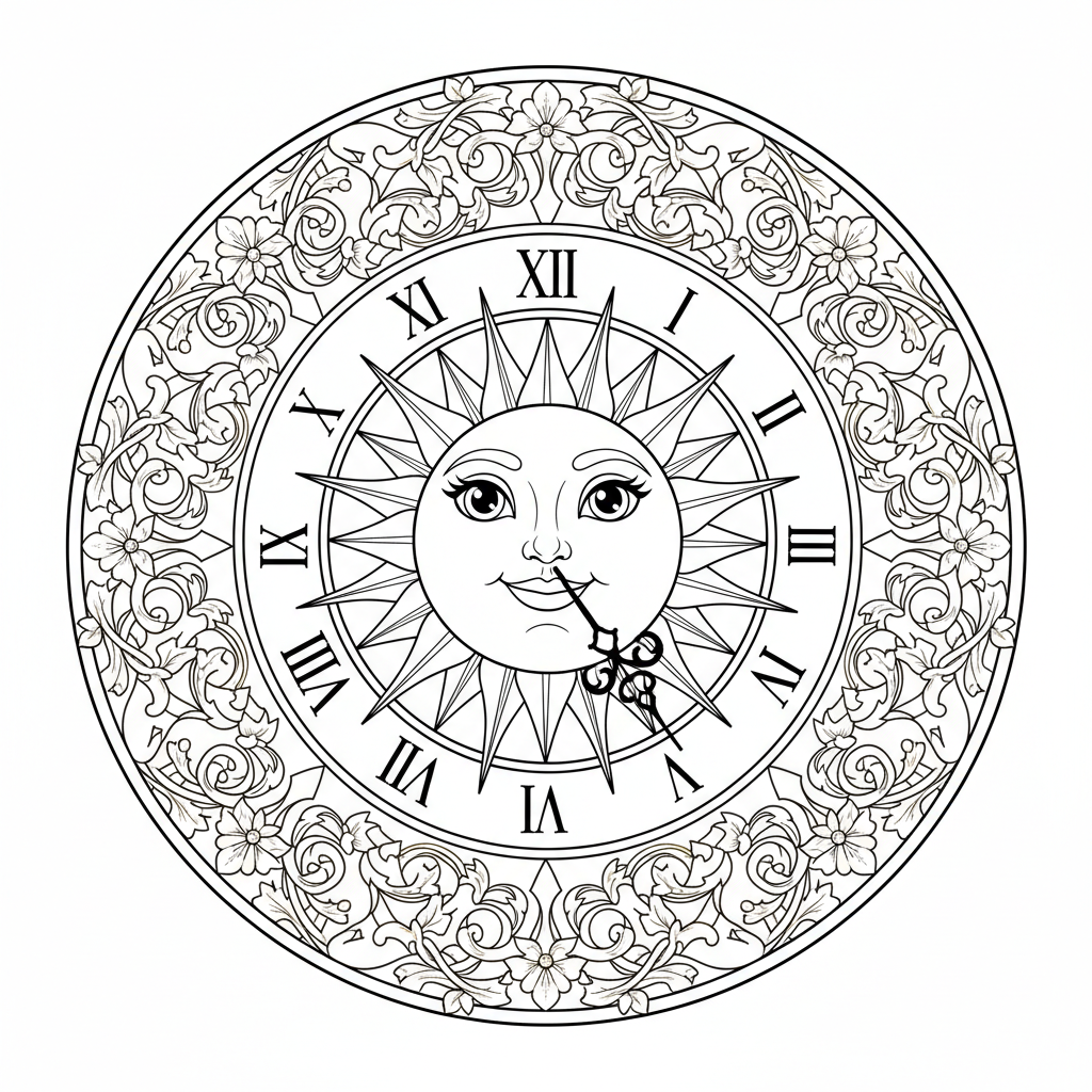 Sun clock face timepiece golden ornate decorative - Free Printable Coloring Page