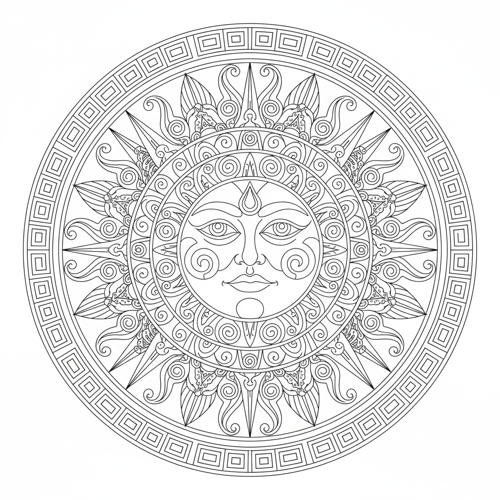 Sun God Ancient Design - Free Printable Coloring Page Sun God Ancient Design - Free Printable Coloring Page