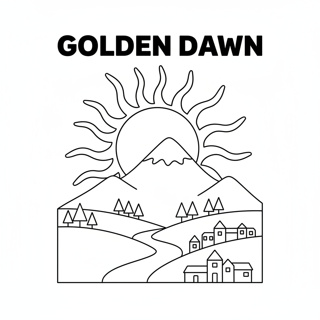 Sun rising over mountain peak golden dawn landscape - Free Printable Coloring Page