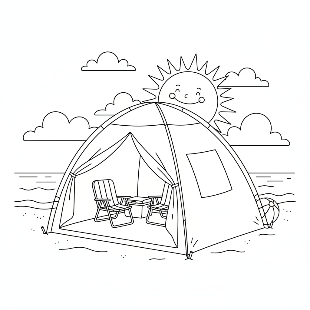 Tenda parasole da spiaggia, riparo ombreggiante per campeggio all'aperto - Disegno da colorare gratuito
