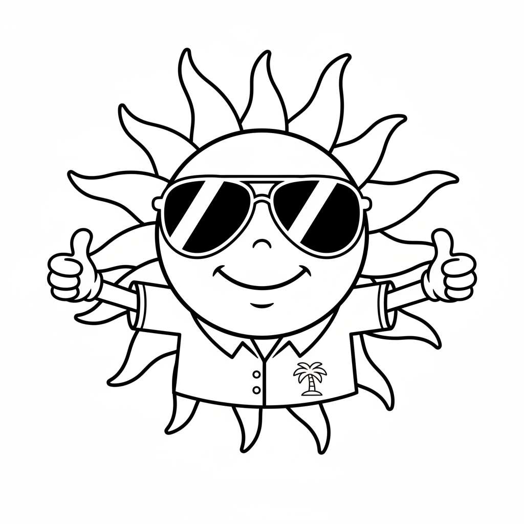 Soleil portant des lunettes de soleil souriant personnage estival décontracté - Coloriage gratuit à imprimer