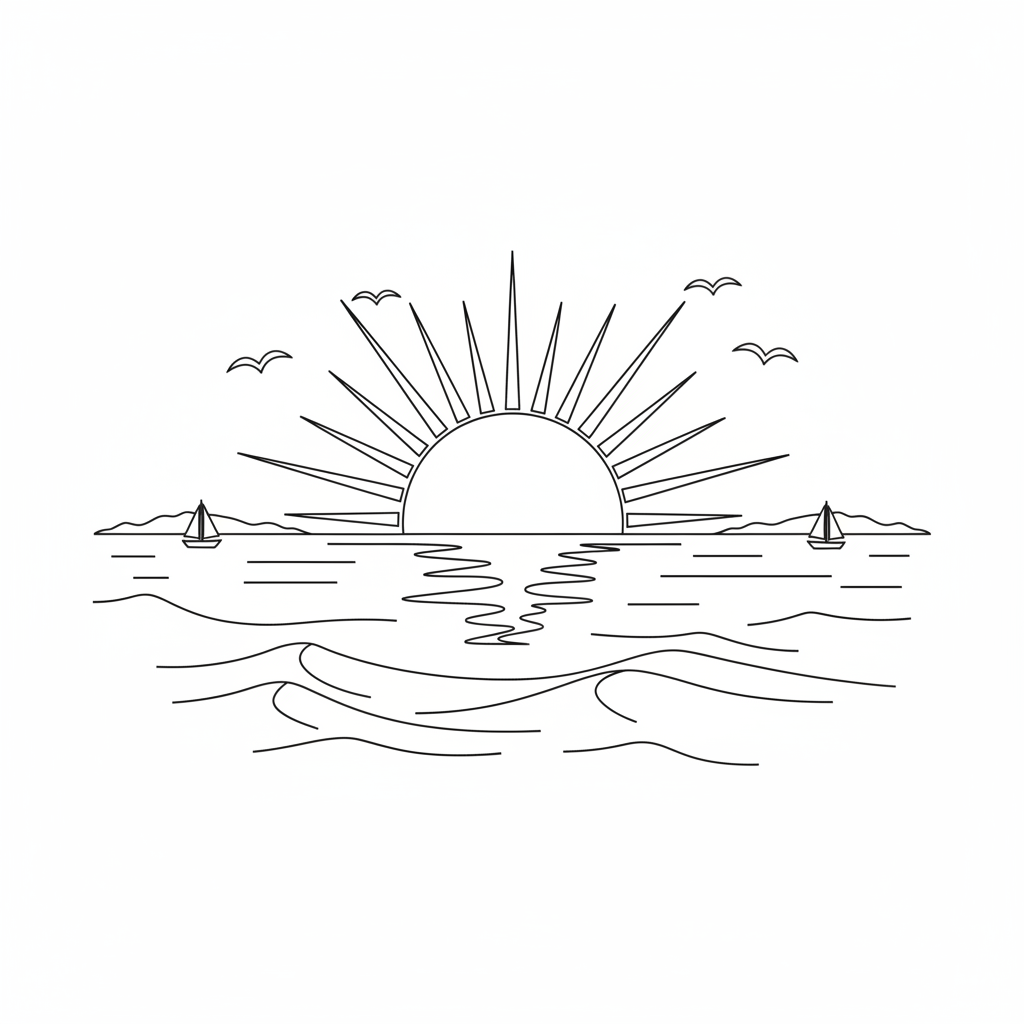 Sunrise Over Ocean - Free Printable Coloring Page Sunrise Over Ocean - Free Printable Coloring Page