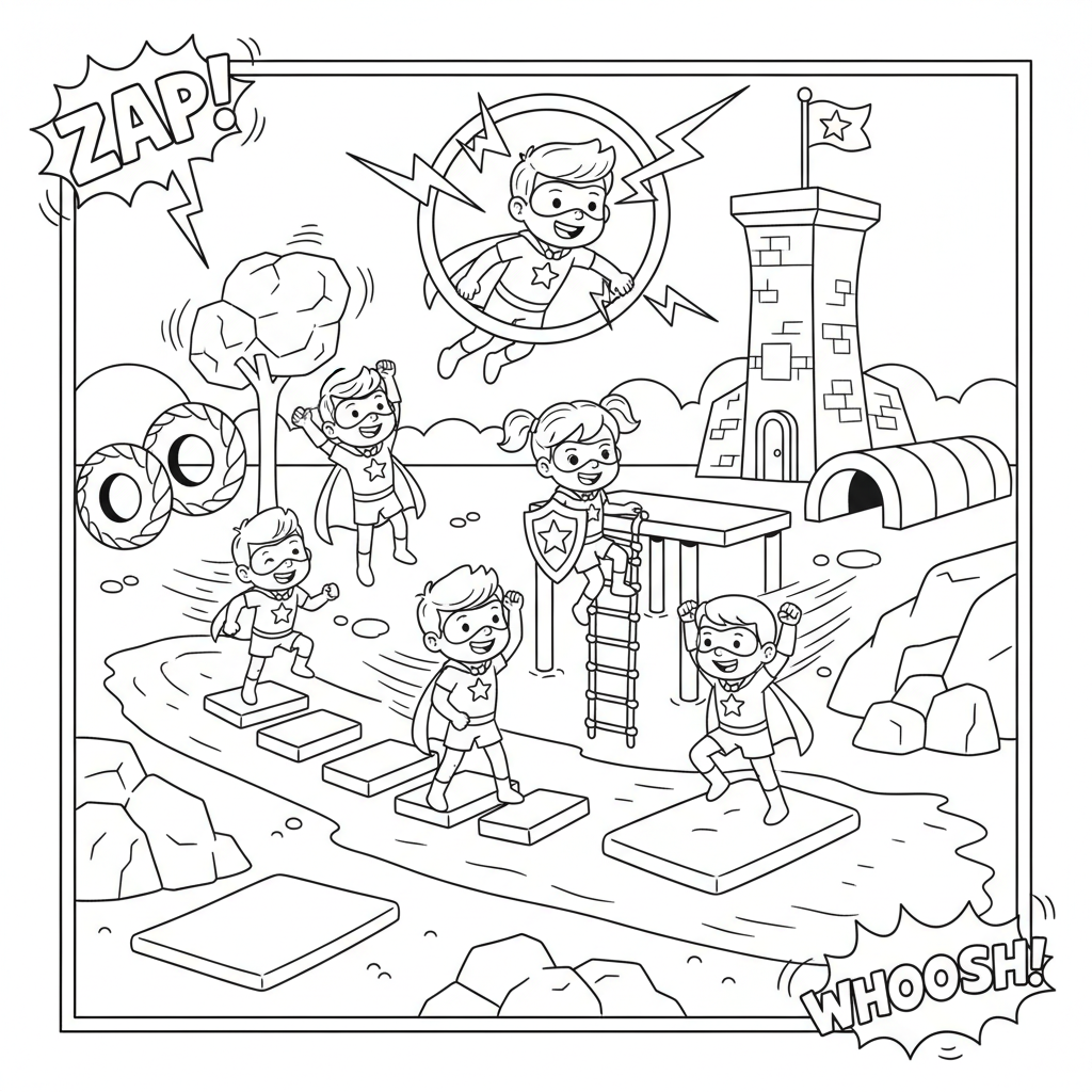 Académie des super-héros, parcours d'obstacles pour jeunes héros - Coloriage gratuit à imprimer