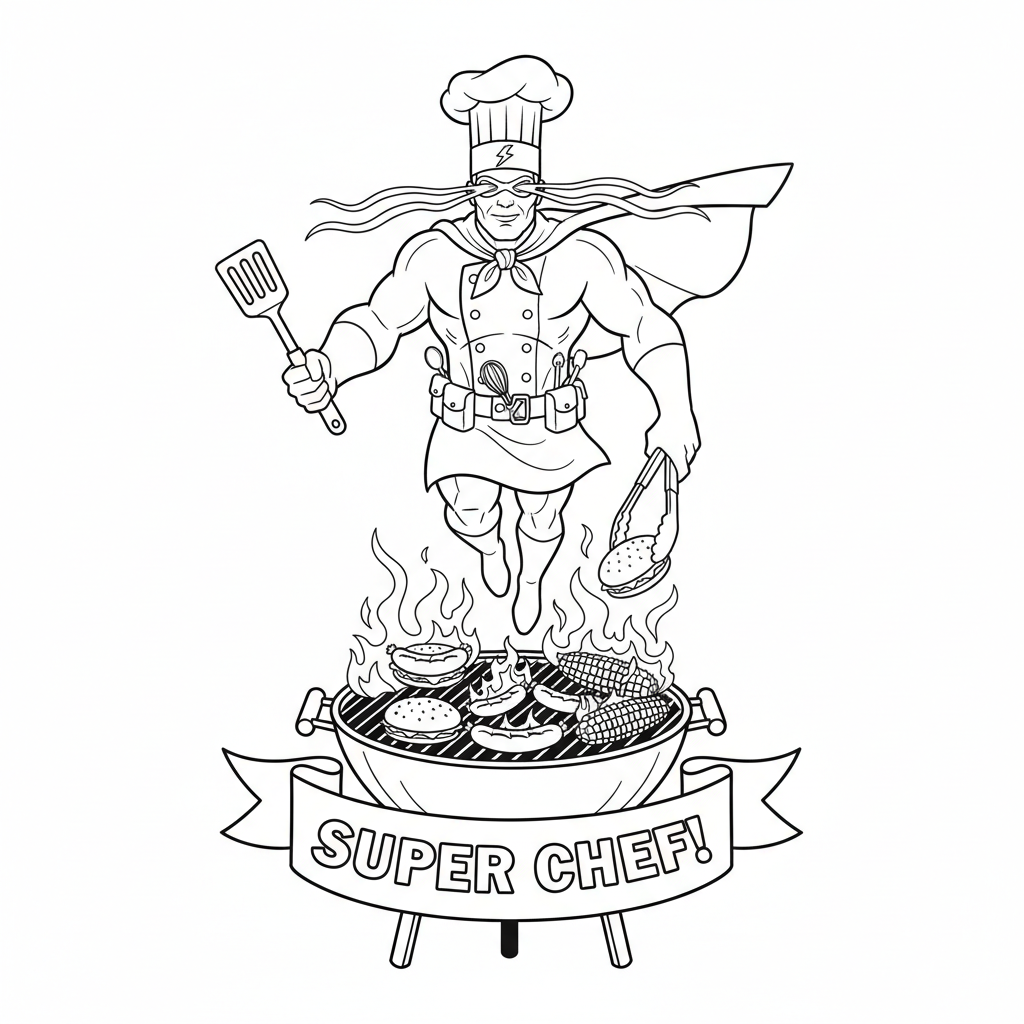 Un chef super-héros utilise sa vision thermique pour cuire des grillades. - Coloriage gratuit à imprimer