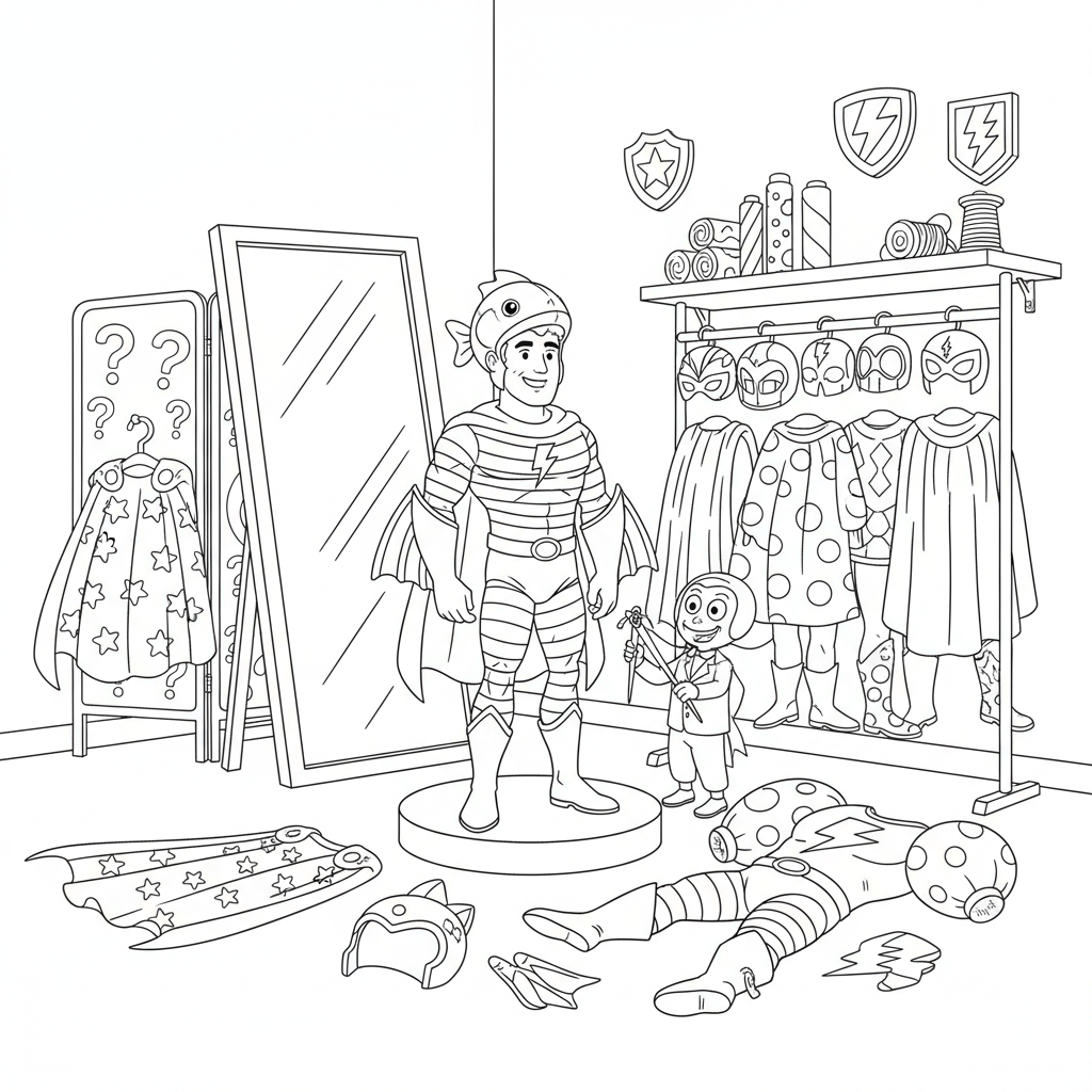 Camerino per provare diversi costumi da supereroe - Disegno da colorare gratuito