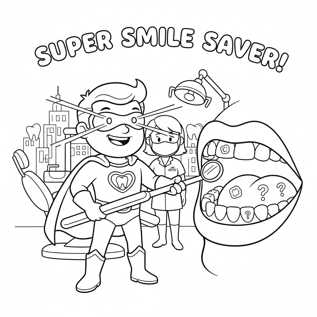 Superhero dentist using x-ray vision to check teeth - Free Printable Coloring Page