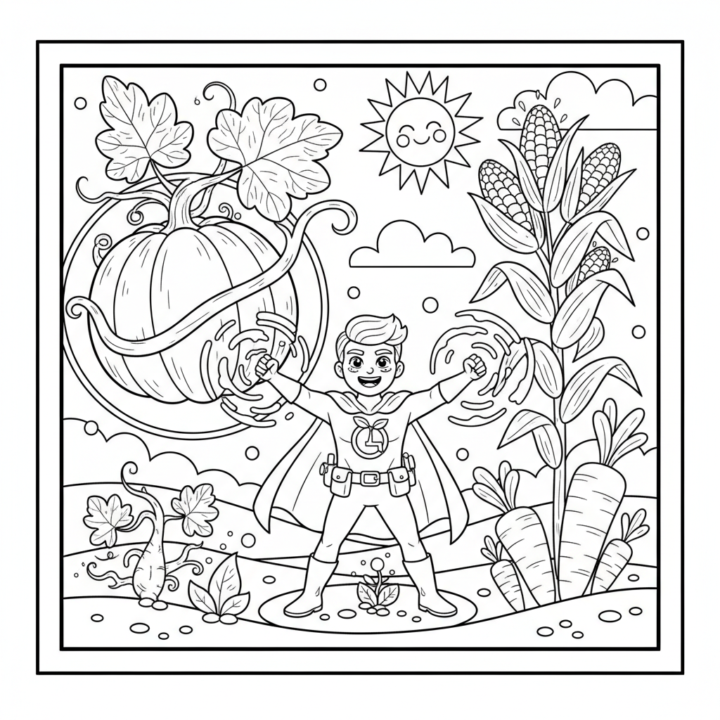 Superhero gardener growing giant vegetables with powers - Free Printable Coloring Page