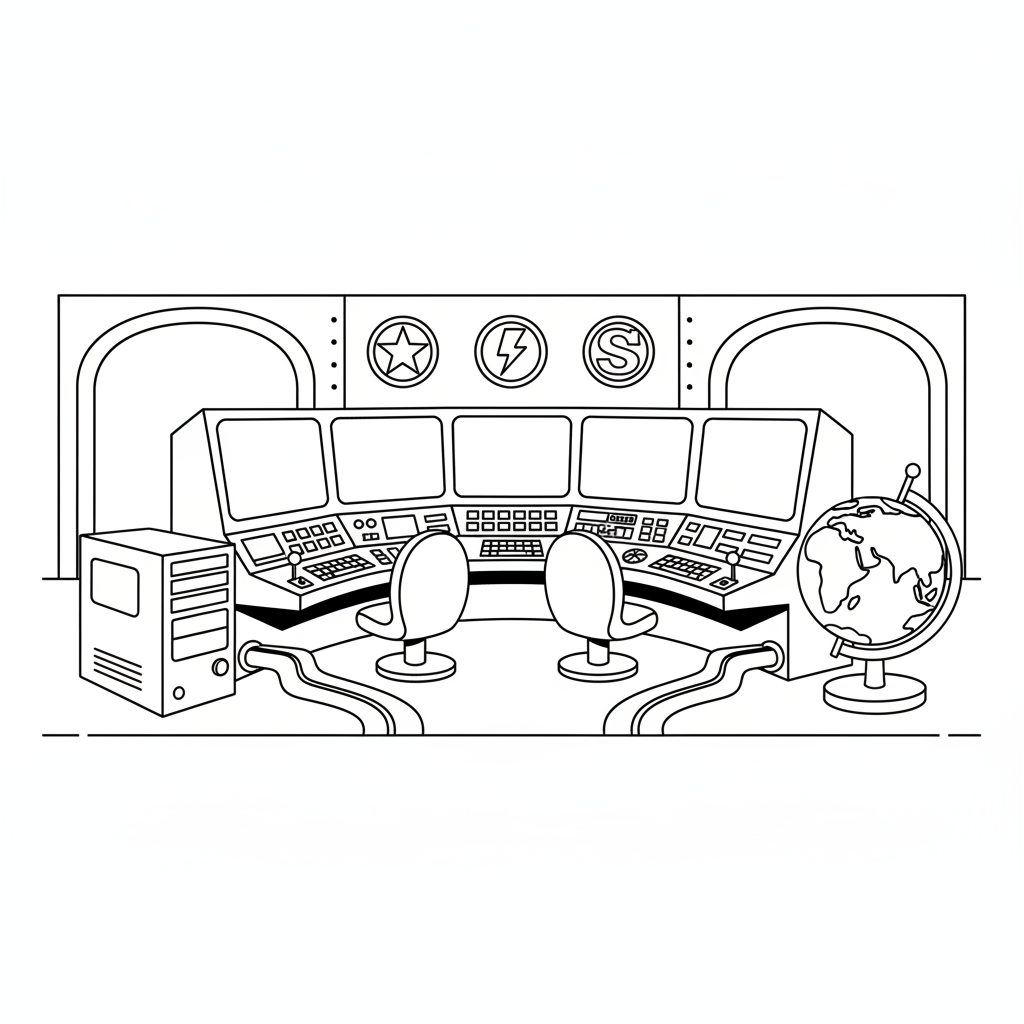 Geheime Basis des Superhelden-Hauptquartiers: Monitore und Computer - Kostenloses druckbares Ausmalbild