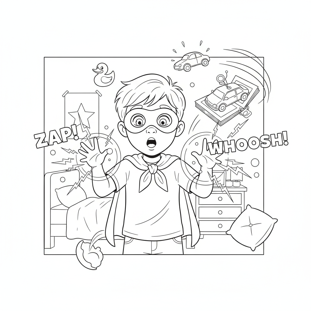 Un enfant super-héros découvre ses pouvoirs pour la première fois, une surprise - Coloriage gratuit à imprimer