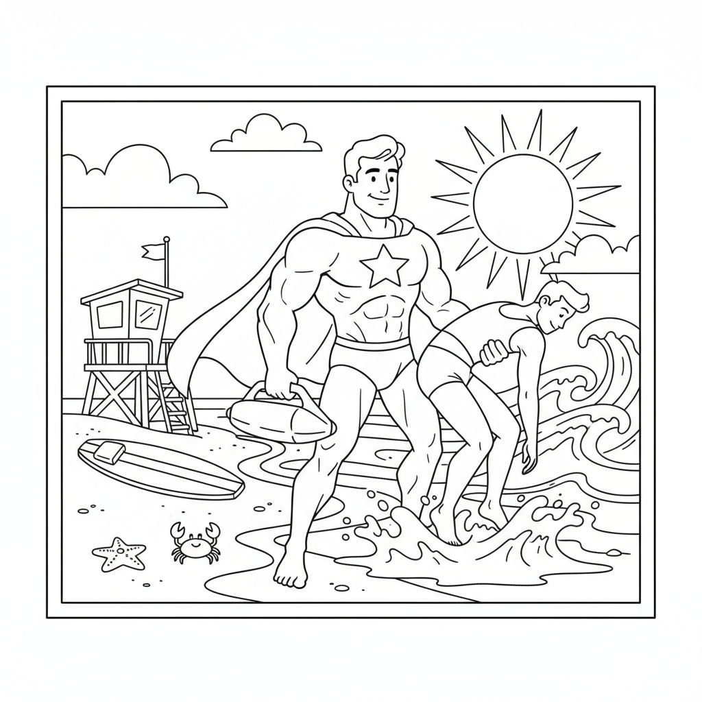 Superhero lifeguard saving swimmer at beach rescue scene - Free Printable Coloring Page
