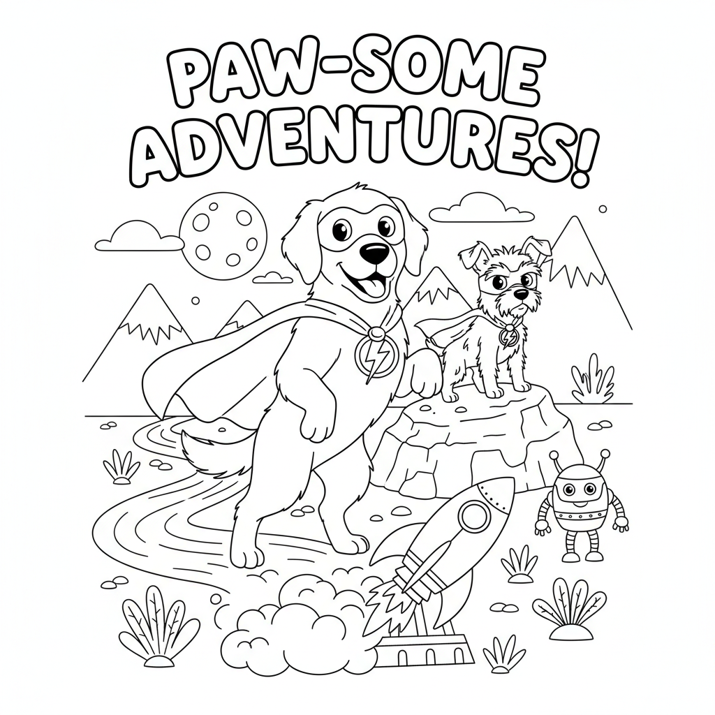 Superheldenhond met cape en masker als trouwe metgezel op avontuur - Gratis afdrukbare kleurplaat