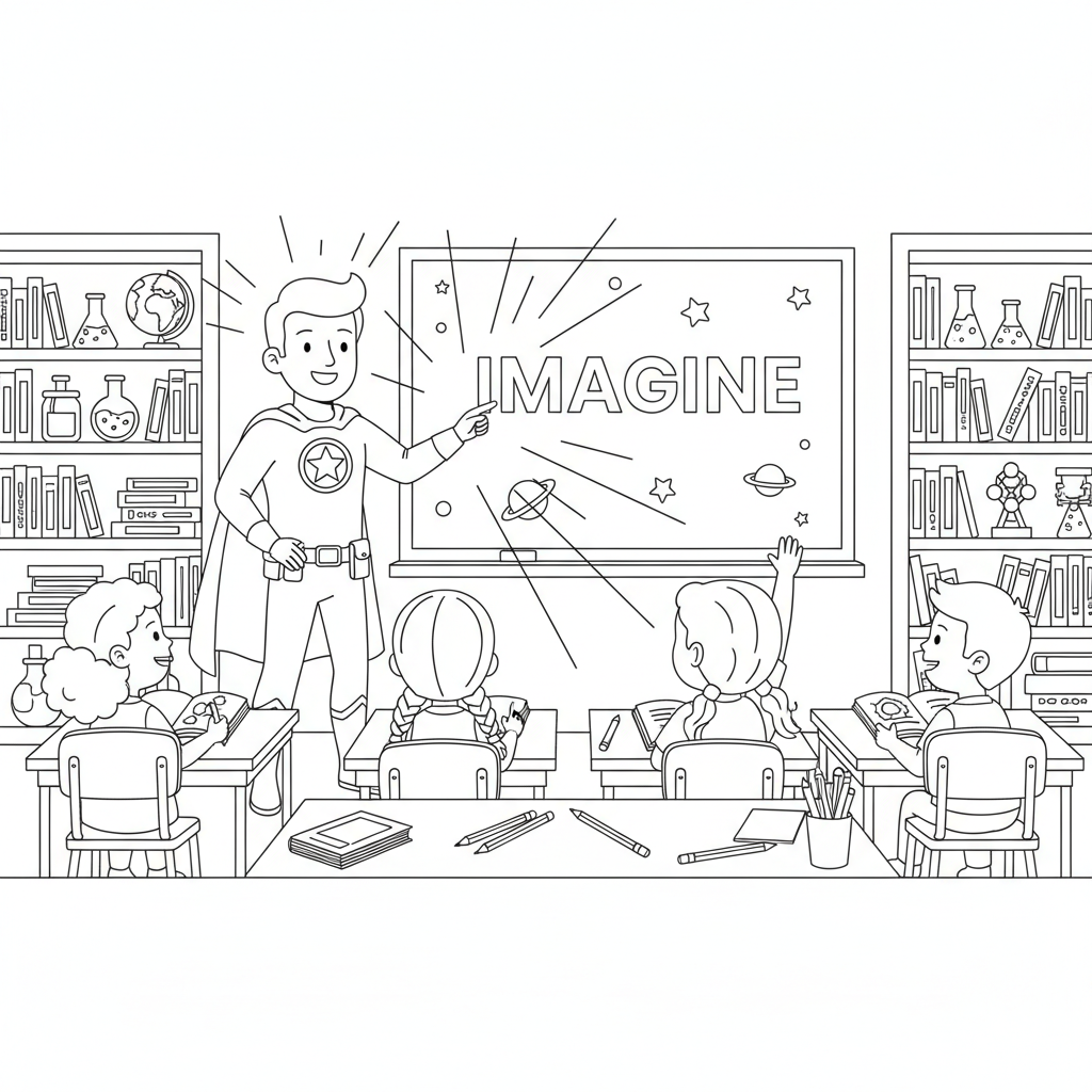 Superhero teacher in classroom inspiring young students - Free Printable Coloring Page