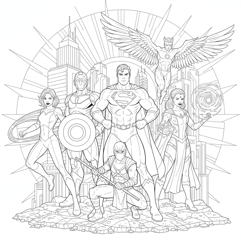 Squadra di supereroi riunita - Disegno da colorare gratuito