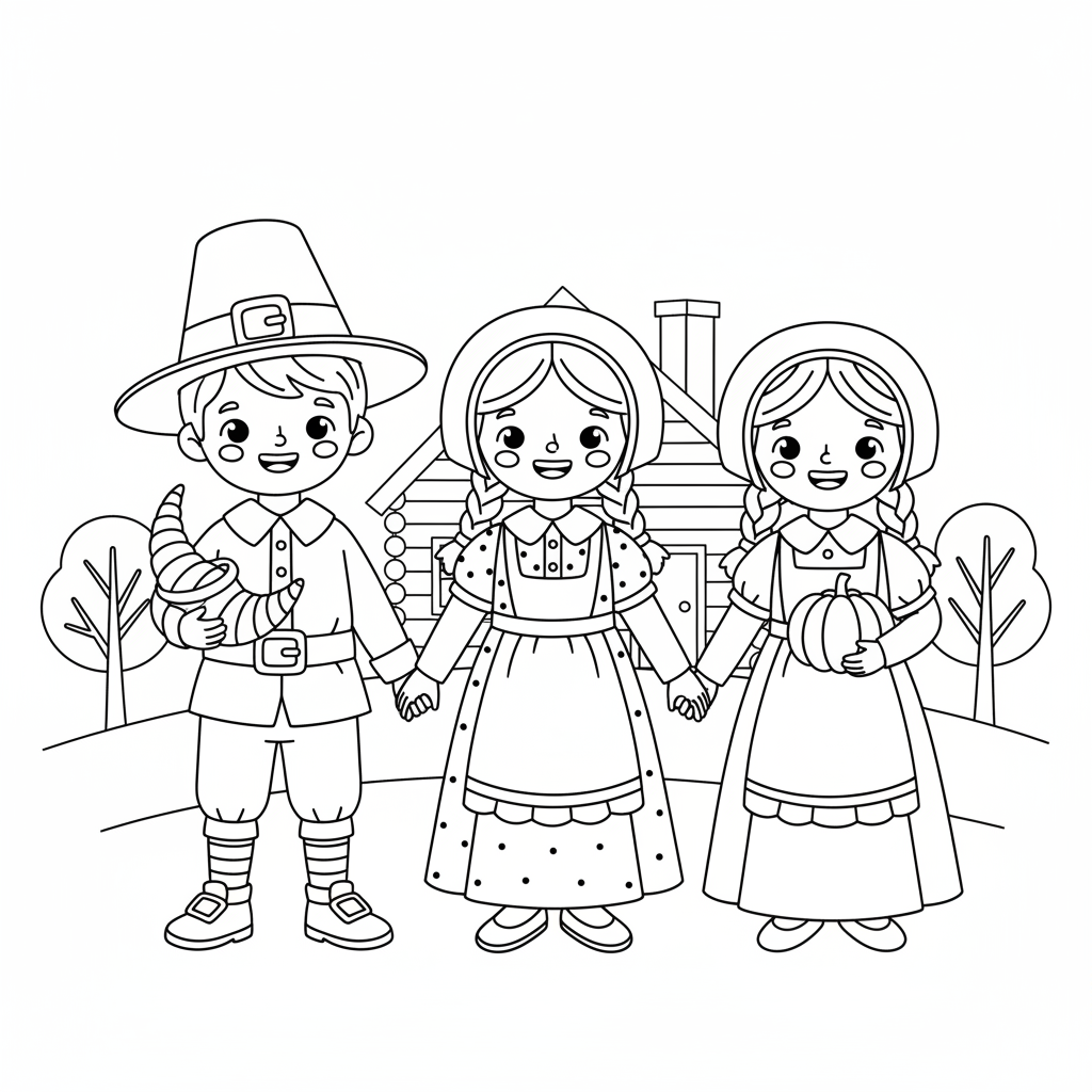 Children In Pilgrim Costumes Cute - Free Printable Coloring Page Children In Pilgrim Costumes Cute - Free Printable Coloring Page