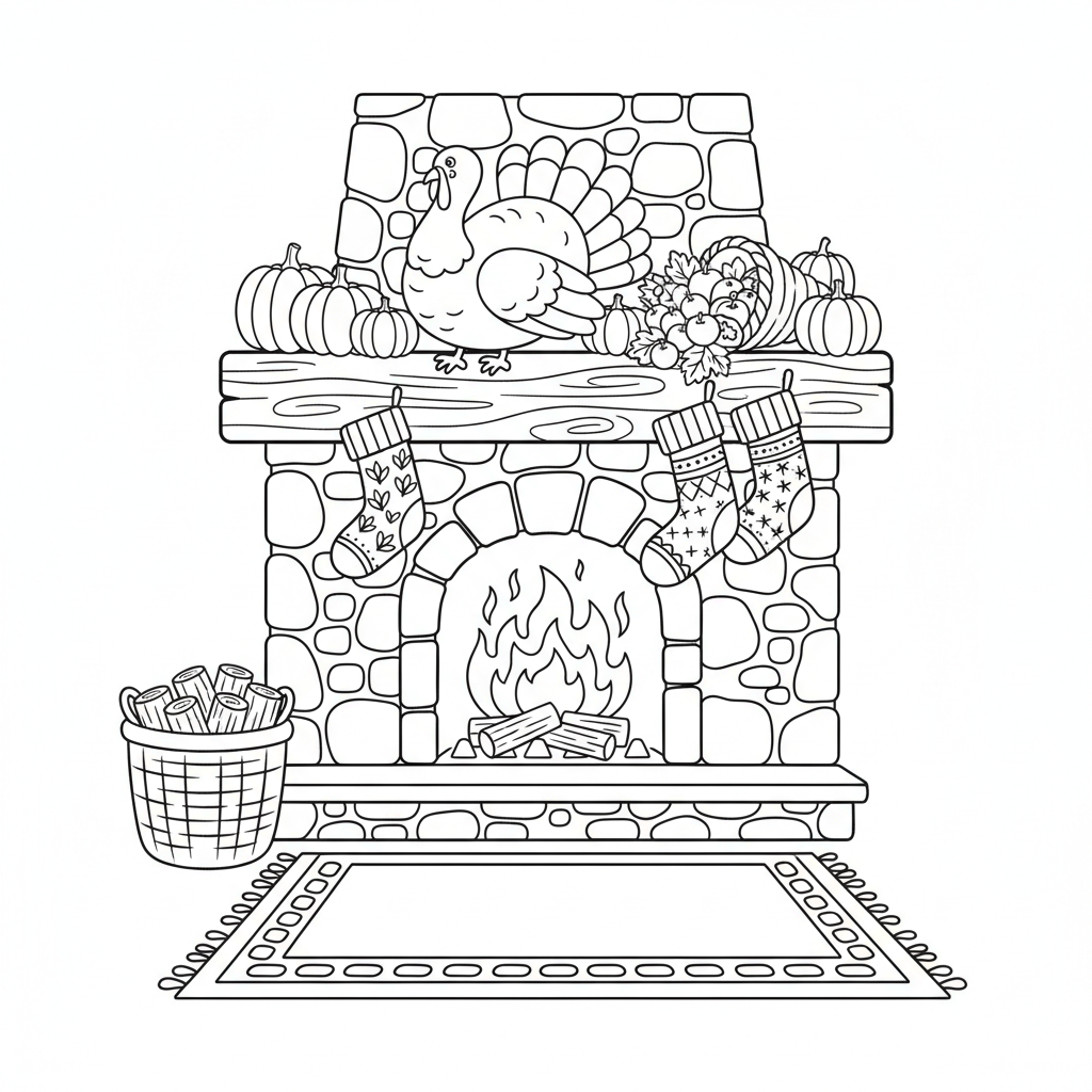 Cozy fireplace with thanksgiving decorations and warm socks - Free Printable Coloring Page
