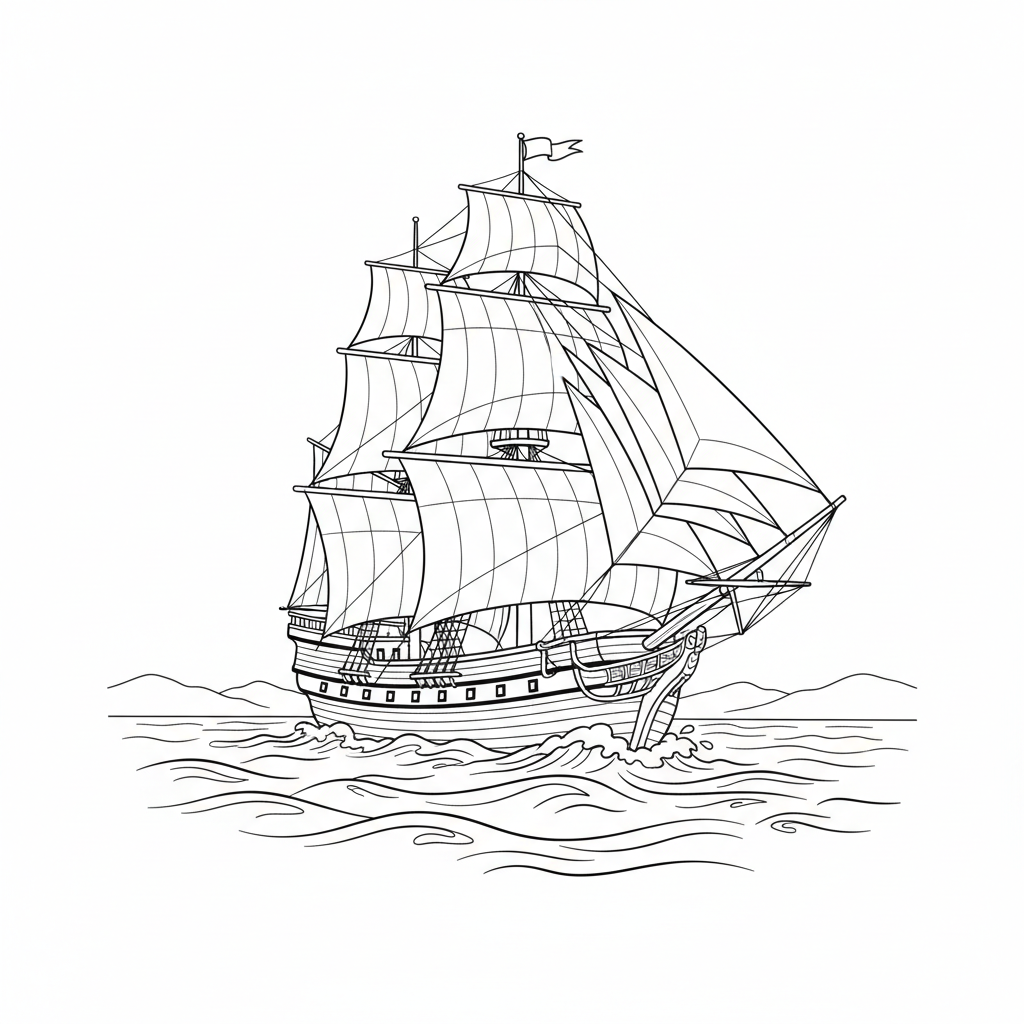 Mayflower Ship Sailing On Ocean - Free Printable Coloring Page Mayflower Ship Sailing On Ocean - Free Printable Coloring Page