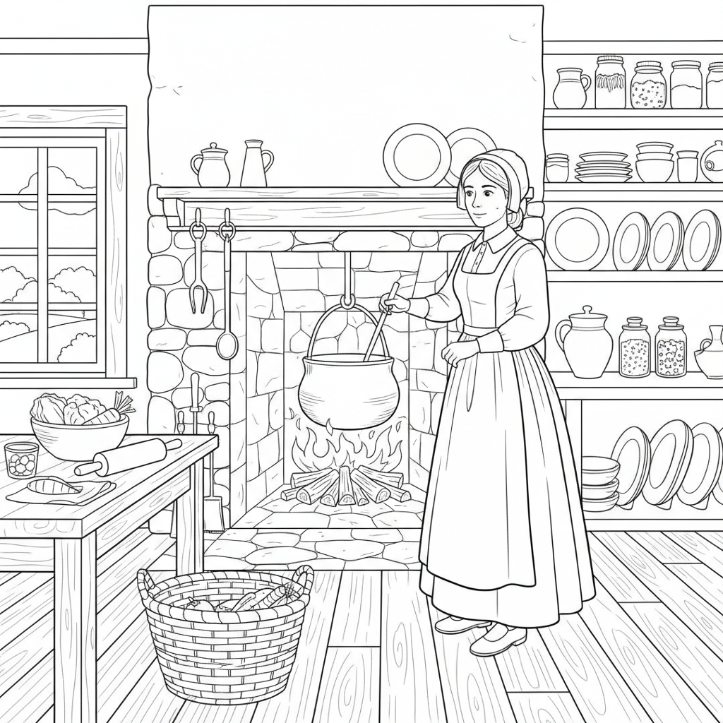Pilgrim Woman Cooking In Kitchen - Free Printable Coloring Page Pilgrim Woman Cooking In Kitchen - Free Printable Coloring Page