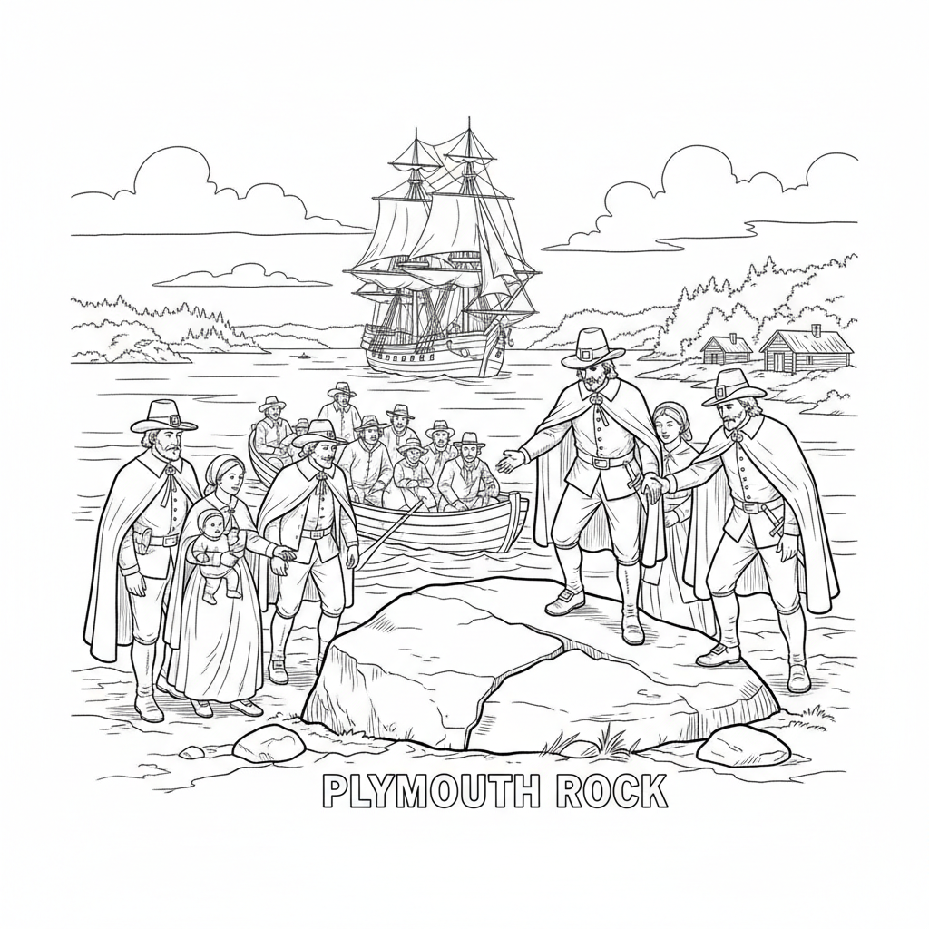 Plymouth Rock Landing Scene - Free Printable Coloring Page Plymouth Rock Landing Scene - Free Printable Coloring Page