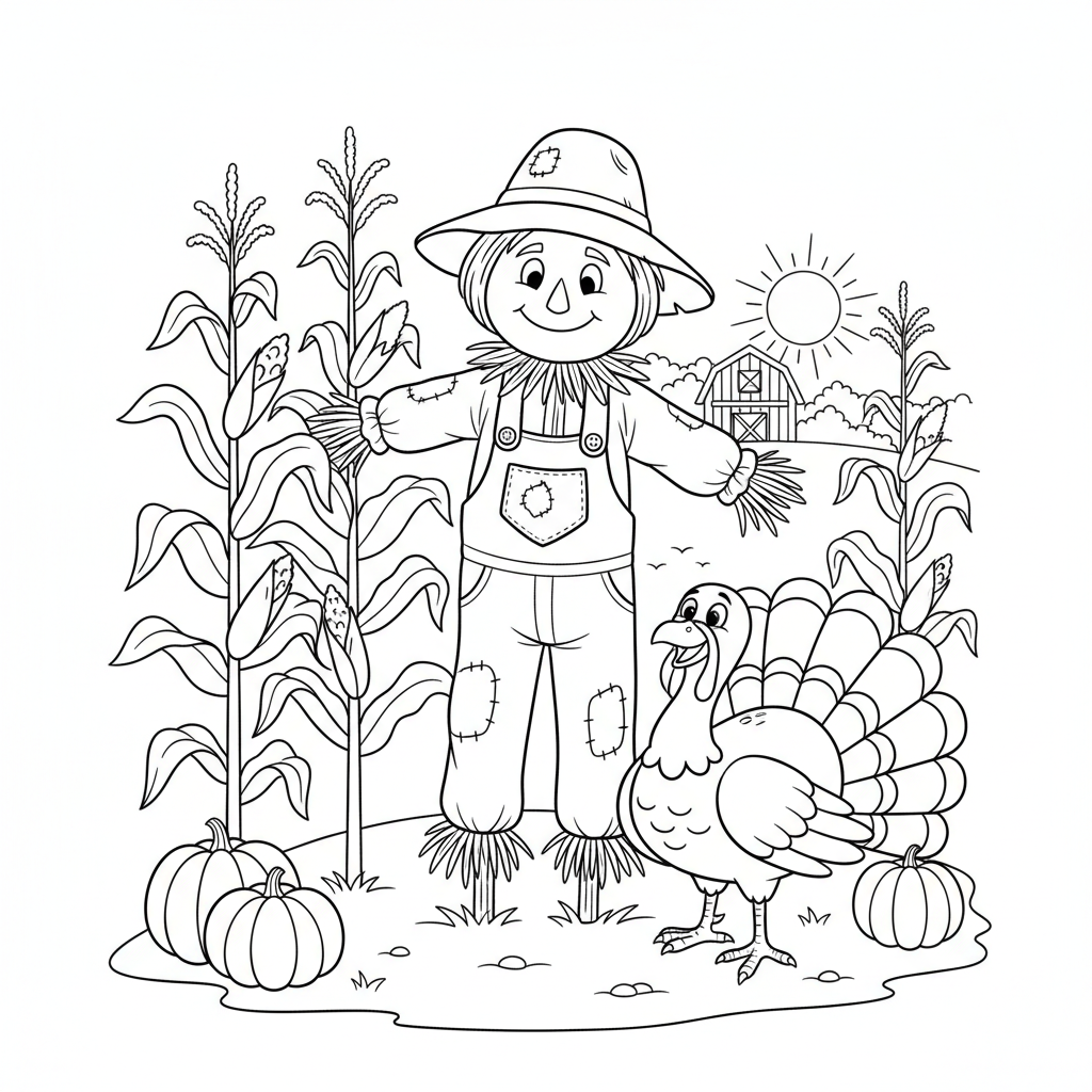 Spaventapasseri in un campo di mais con un amichevole tacchino come compagno - Free Printable Coloring Page