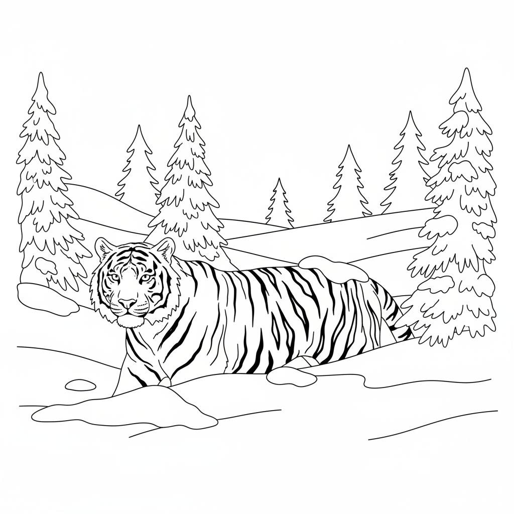 Tigre des neiges camouflé dans un paysage hivernal de pins givrés et de congères. - Coloriage gratuit à imprimer