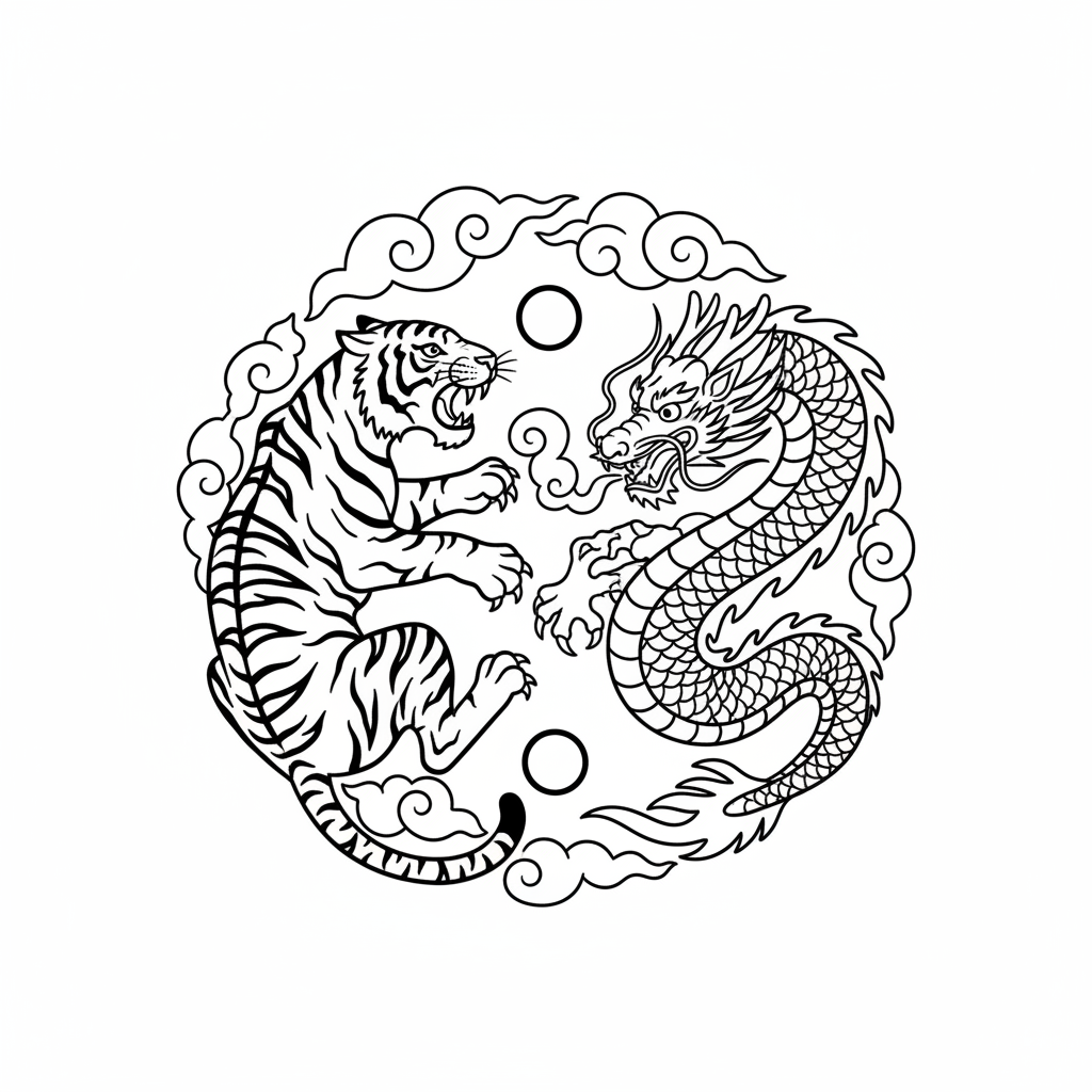 Tigre et dragon se faisant face dans une composition yin yang dramatique avec des nuages - Coloriage gratuit à imprimer