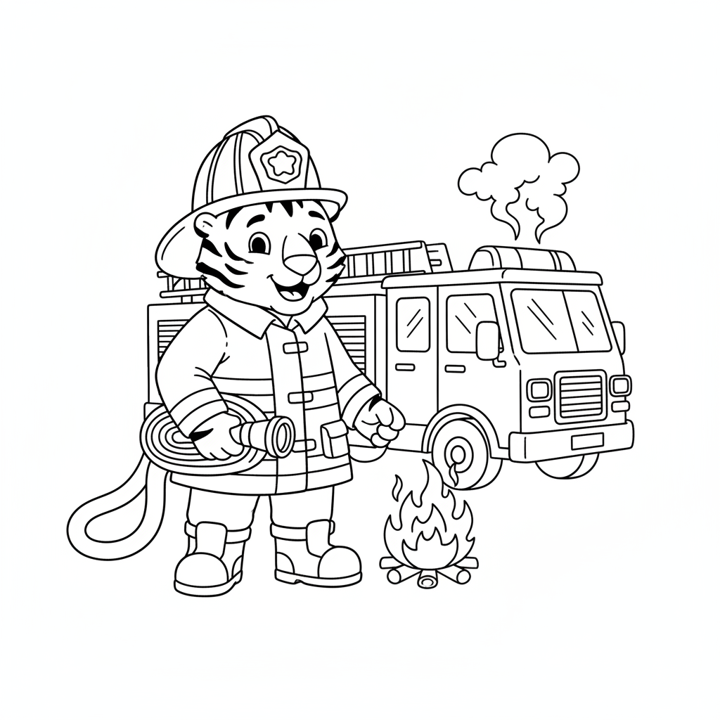 Un pompier de Tiger, casqué et équipé, transporte un tuyau près d'un camion de pompiers. - Free Printable Coloring Page