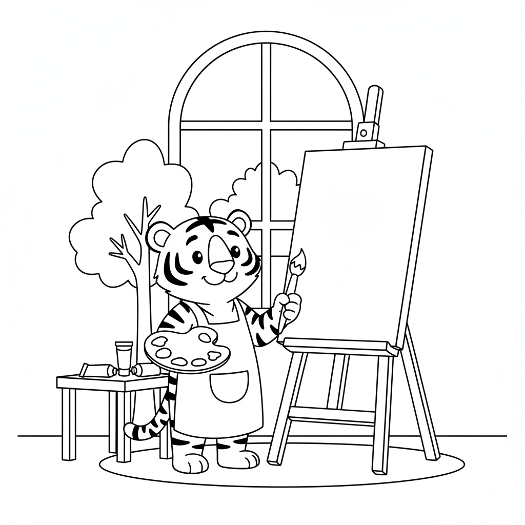 Un peintre tigre tenant une palette et un pinceau se tient devant une toile dans son atelier - Coloriage gratuit à imprimer