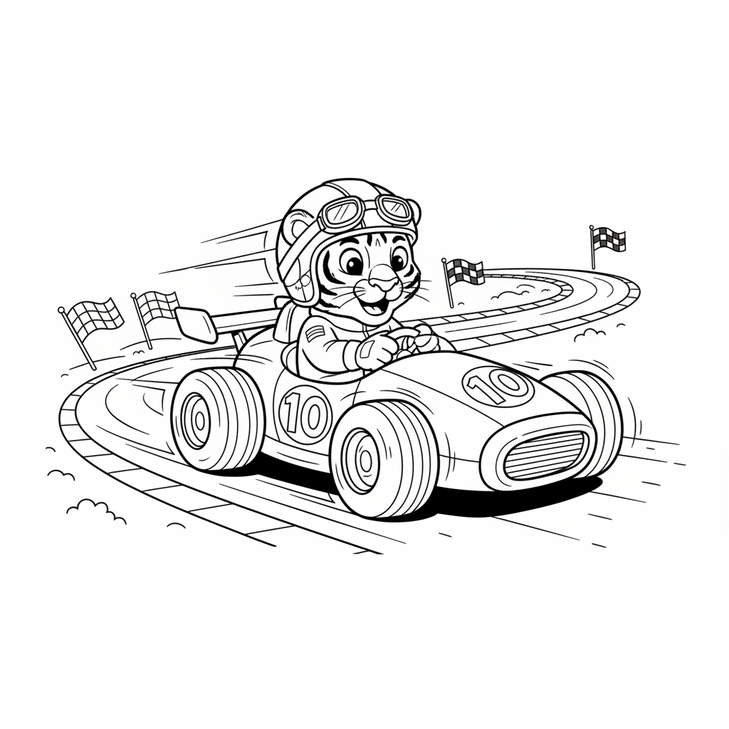 Un pilote de voiture de course Tiger dans une voiture de course lancée à toute vitesse sur un circuit - Free Printable Coloring Page