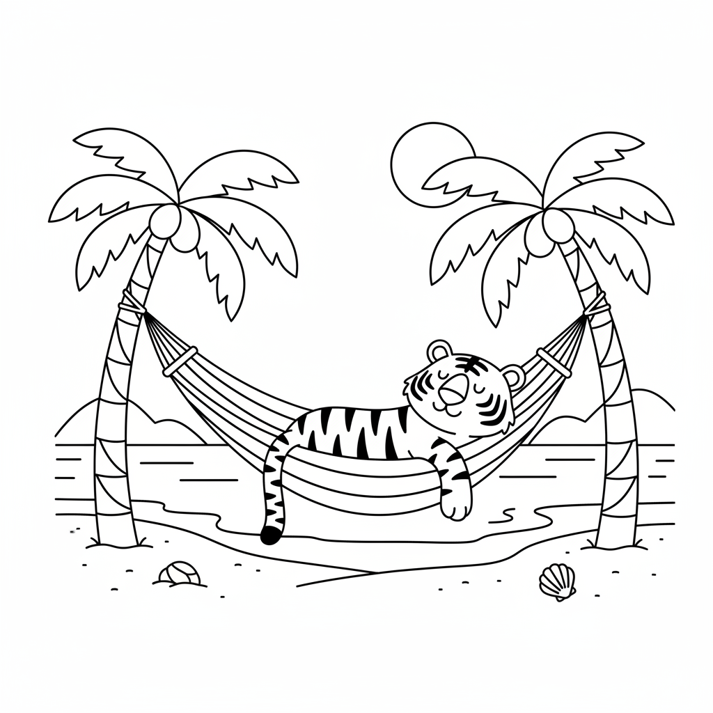 Un tigre se détend dans un hamac entre deux palmiers sur une plage tropicale - Free Printable Coloring Page