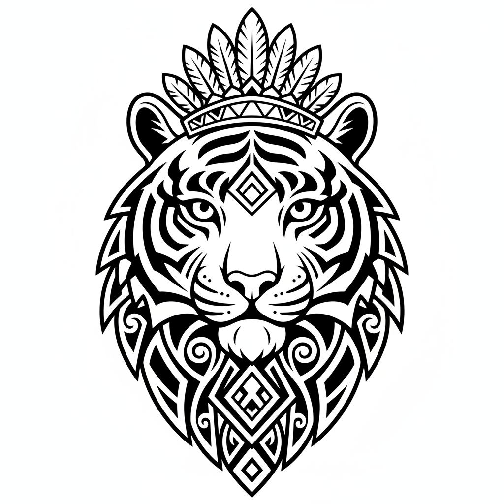 Motif de tigre de style tribal avec des motifs géométriques complexes et des lignes audacieuses - Free Printable Coloring Page