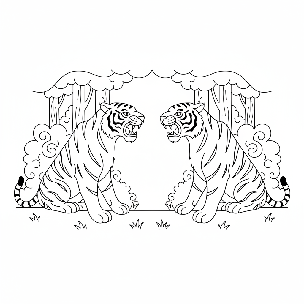 Dos tigres se enfrentan en un dramático duelo en un claro del bosque envuelto en la niebla. - Página para colorear gratis