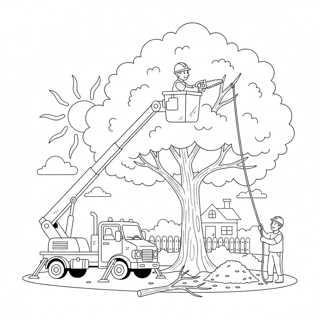 Riparazione di potatura di alberi con carrello elevatore aereo e picker - Free Printable Coloring Page Riparazione di potatura di alberi con carrello elevatore aereo e picker - Free Printable Coloring Page