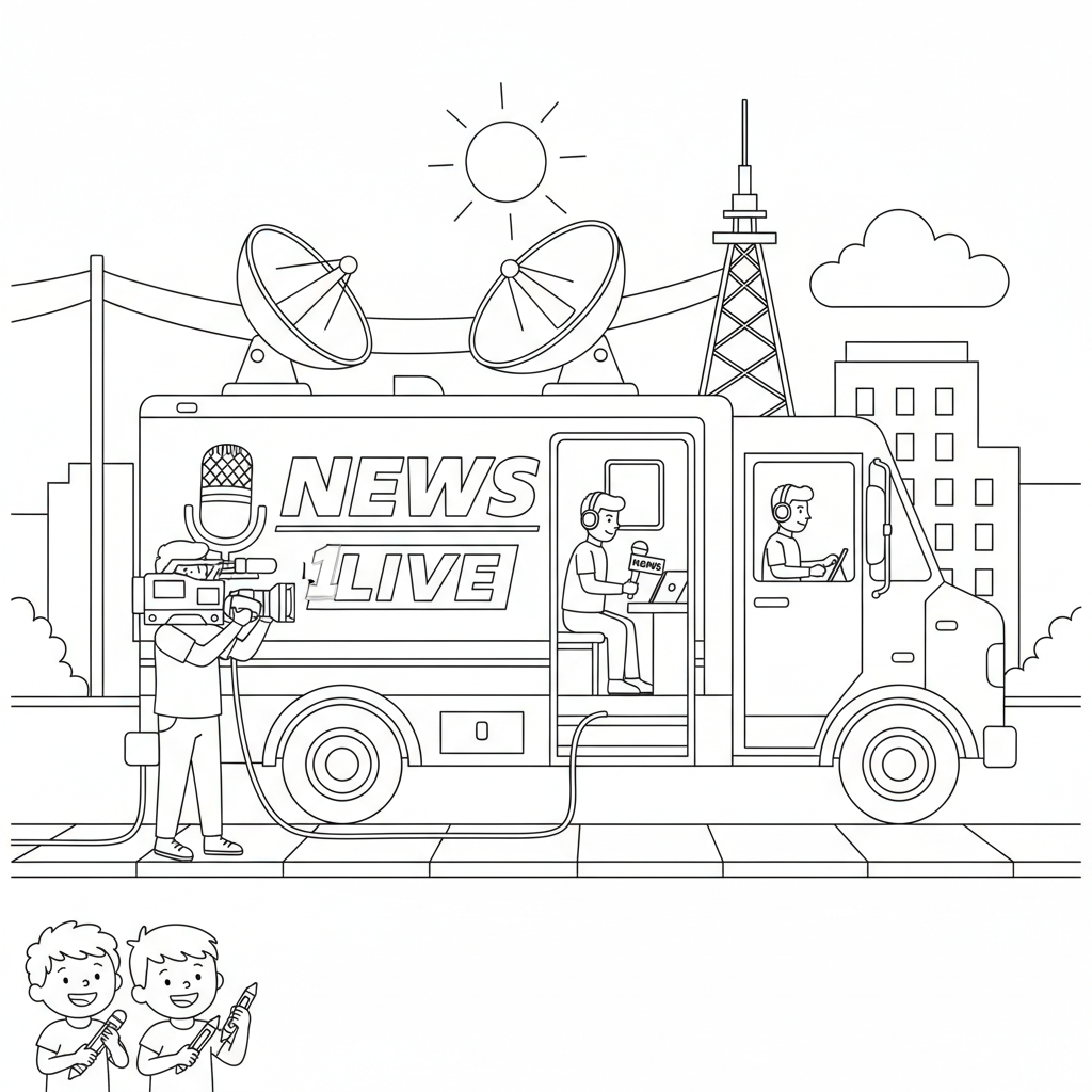 Broadcast truck news media production remote coverage - Free Printable Coloring Page