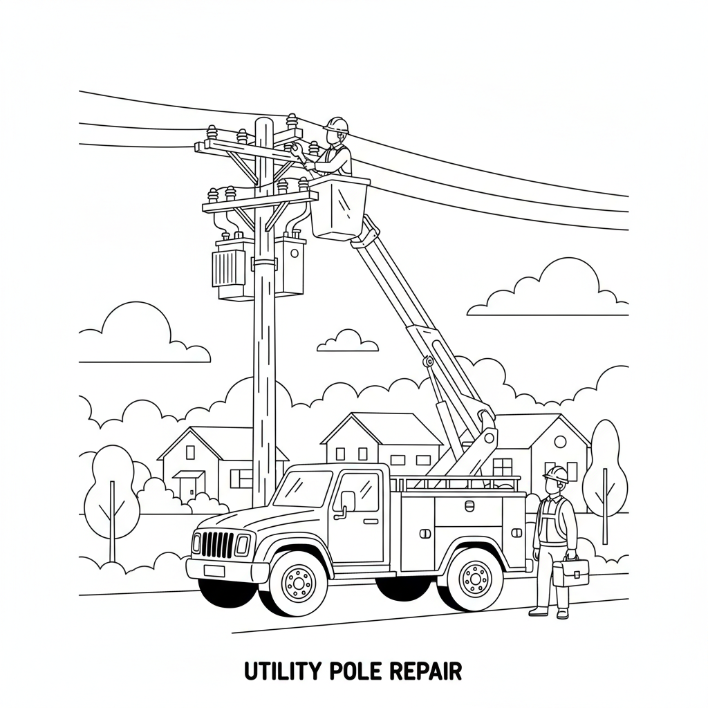 Bucket truck utility pole electrical repair maintenance - Free Printable Coloring Page Bucket truck utility pole electrical repair maintenance - Free Printable Coloring Page