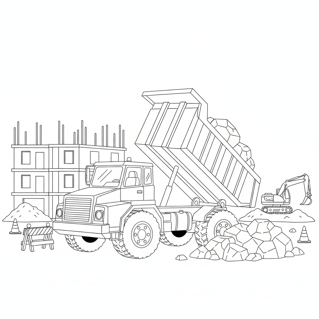 Dump Truck At Construction - Free Printable Coloring Page Dump Truck At Construction - Free Printable Coloring Page