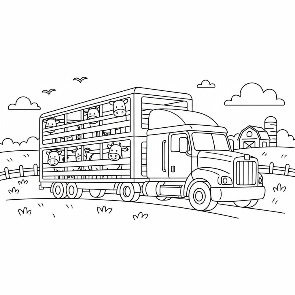 Viehtransporter für Rinder, Landwirtschaft und Viehzucht - Kostenloses druckbares Ausmalbild