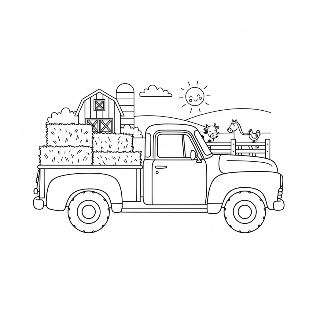 Pickup truck on farm ranch utility carrying hay - Free Printable Coloring Page