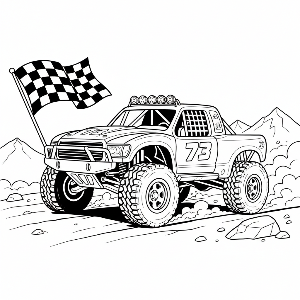 Camion de course de compétition modifié pour la vitesse et la puissance - Free Printable Coloring Page