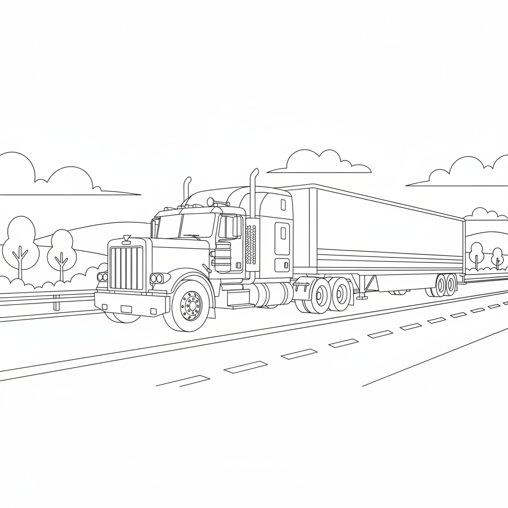 Semi Truck On Highway - Free Printable Coloring Page Semi Truck On Highway - Free Printable Coloring Page