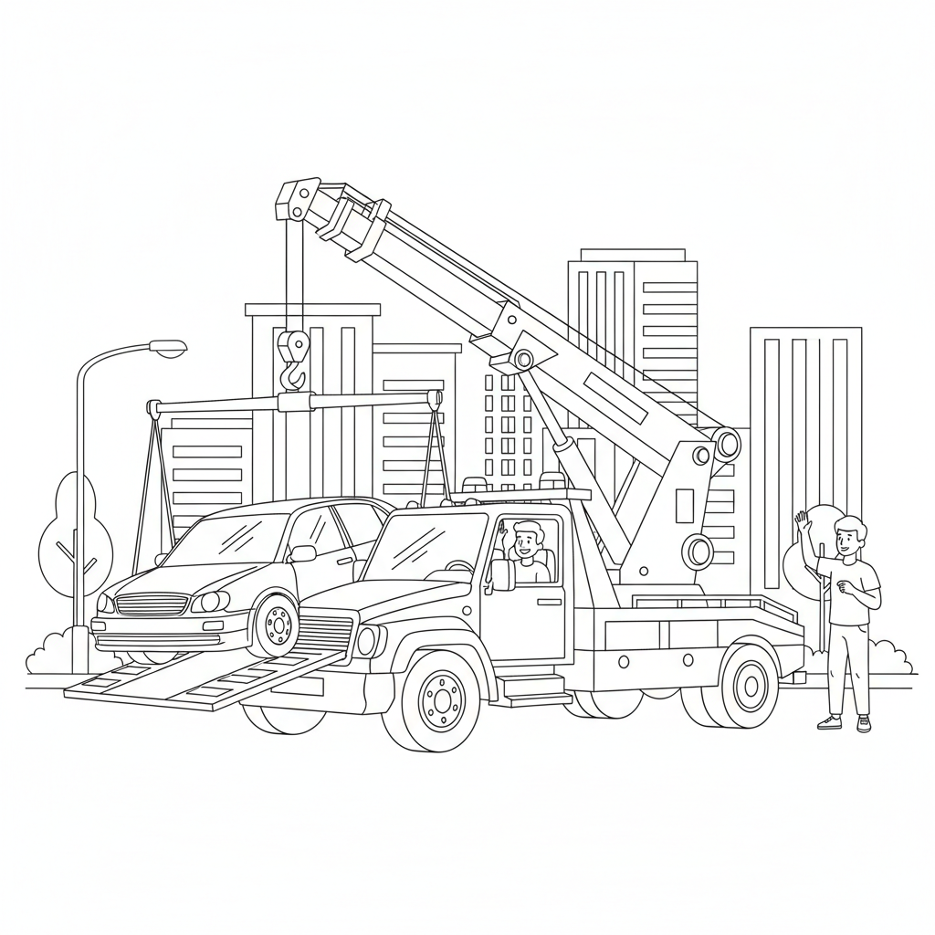 Tow Truck Helping Car - Free Printable Coloring Page Tow Truck Helping Car - Free Printable Coloring Page
